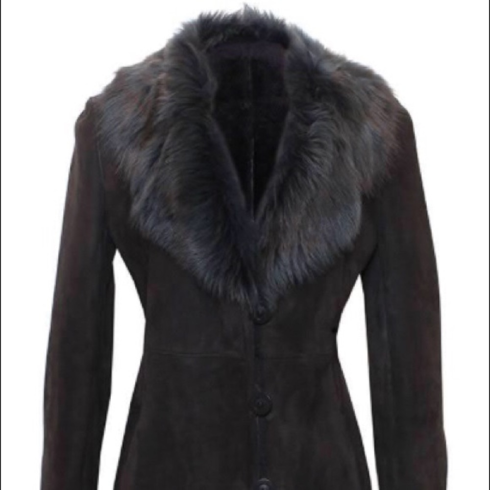 Blue duck shearling coat with fur trim suede jacket - Picture 3 of 7